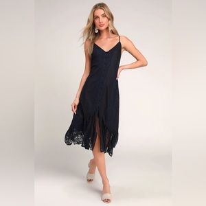 Zahria Navy Blue Lace Button Front Midi Dress